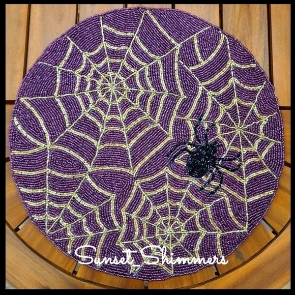 4 Purple & Gold Sparkly Beaded Spider Web Placemat Chargers 15" Halloween New - Picture 2 of 8